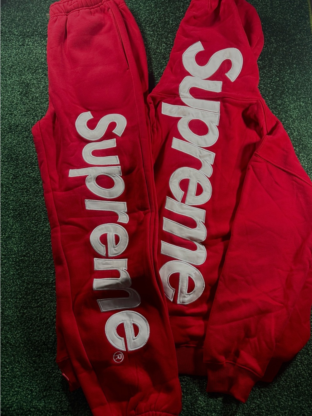 Supreme Red Hoodie and Sweatpants with White Logo